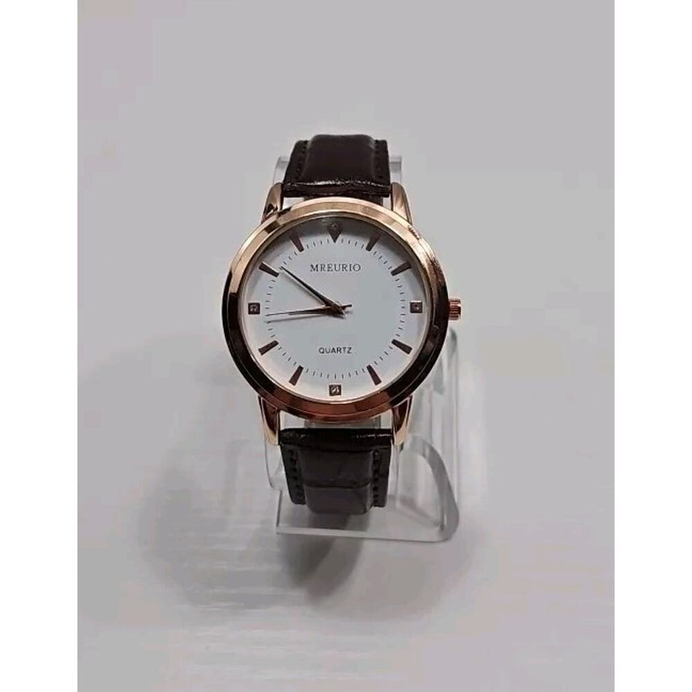 Mreurio White Dial Rose Gold Tone Brown Leather Band Mens Watch New Battery W86